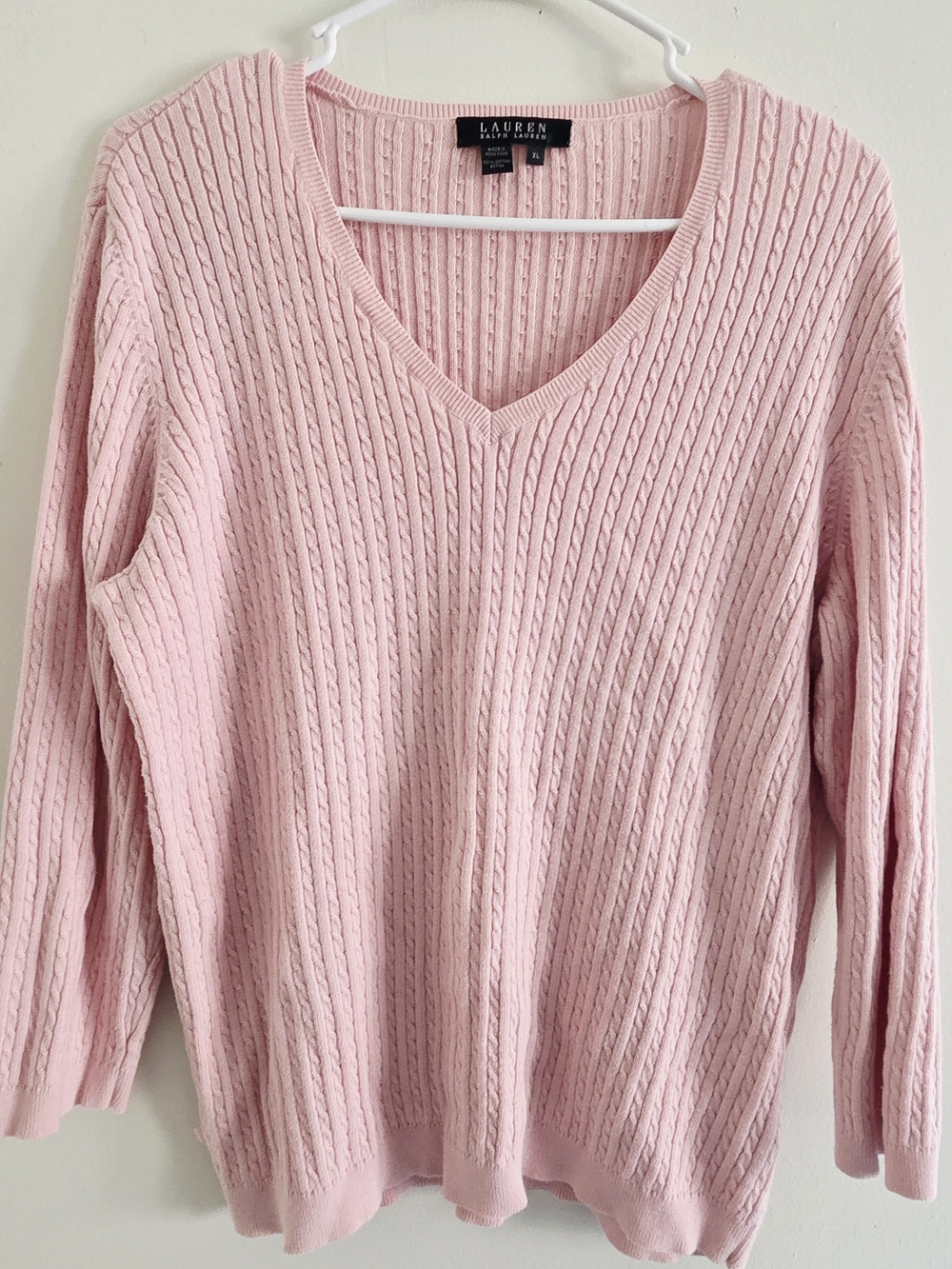 Ralph Lauren Light Pink Cable-Knit V-Neck Sweater